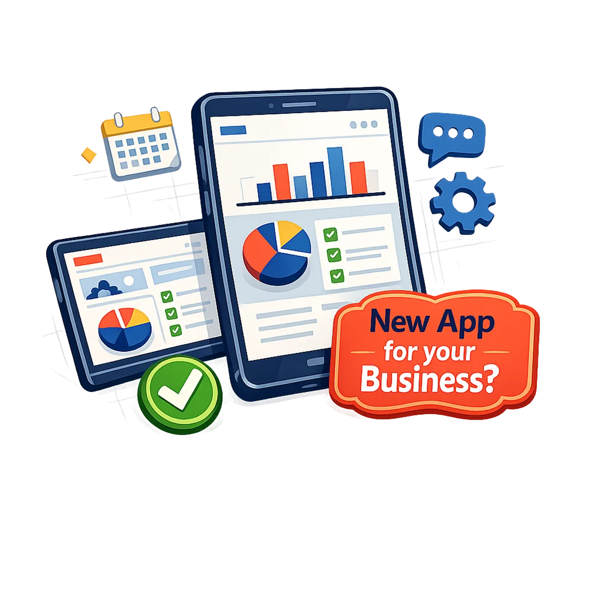 Preview of a business app with dashboard, charts and calendar on tablet and smartphone.