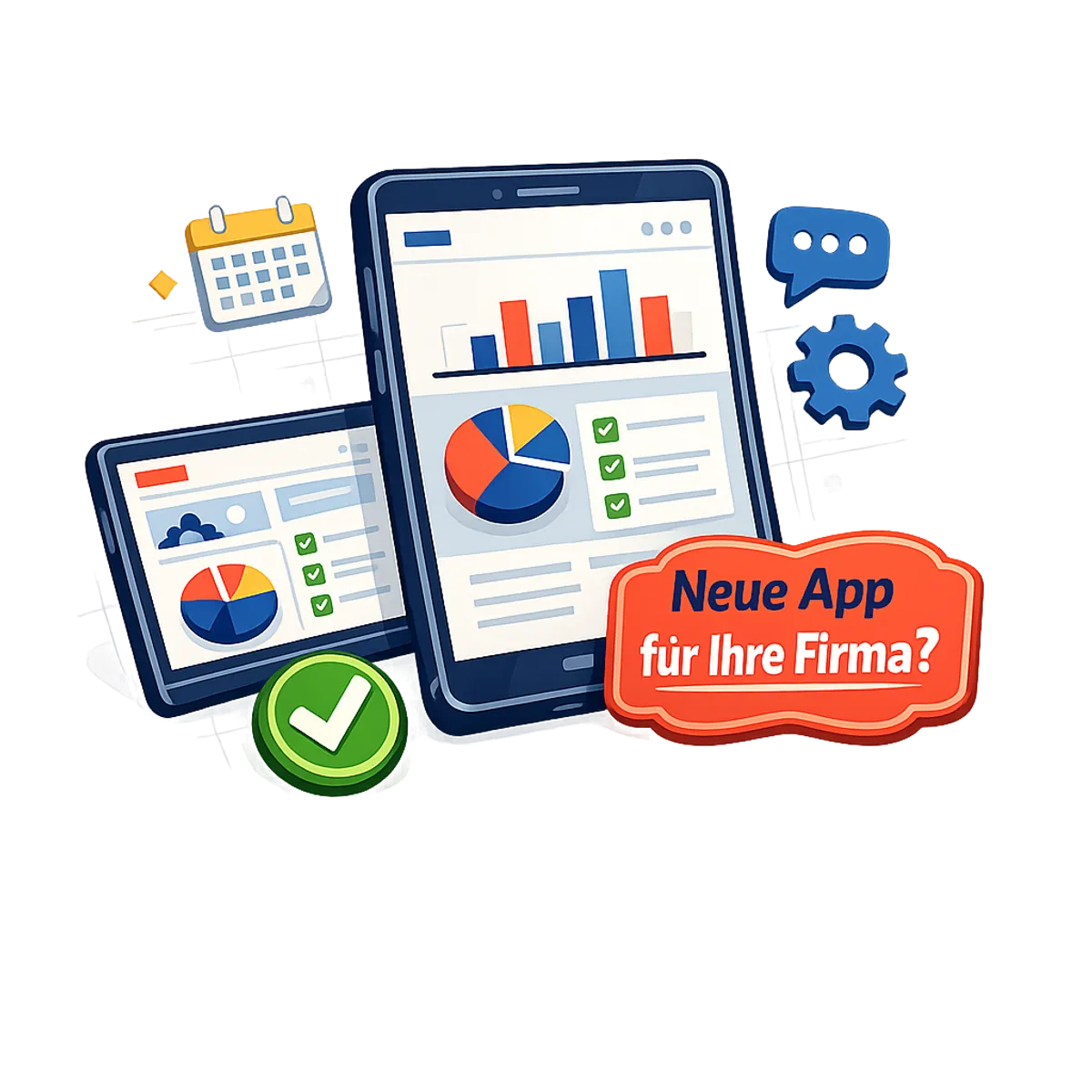 Vorschau einer Business-App mit Dashboard, Diagrammen und Kalender auf Tablet und Smartphone.
