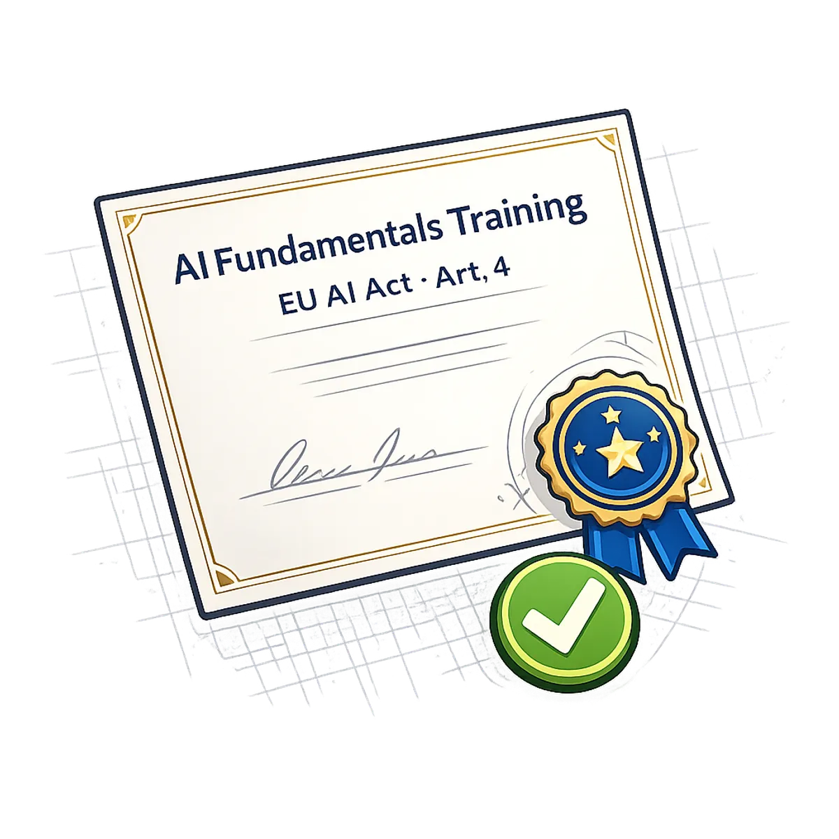 Certificate of completion for AI training under the EU AI Act, with seal and verification check-mark.