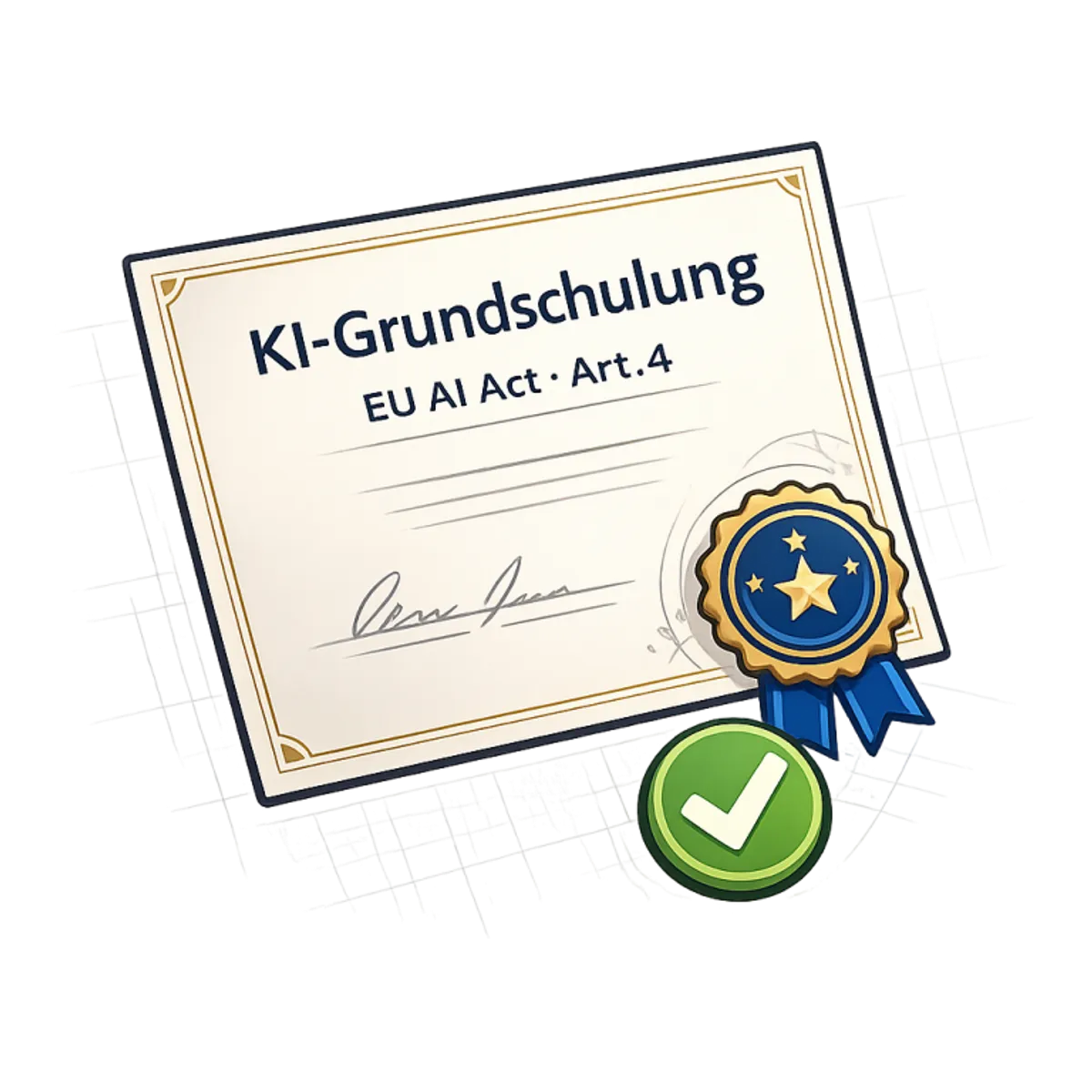 Zertifikat KI-Grundschulung nach EU AI Act mit Siegel und Häkchen-Badge.